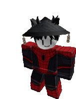 a roblox character is wearing a black hat and a spiderman costume