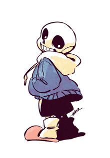 a drawing of a skeleton wearing a blue sweater and boots