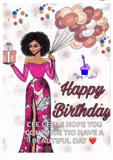 a birthday card with a woman holding a gift and balloons