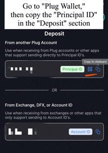 a screenshot of a website that says go to plug wallet then copy the principal id in the deposit section