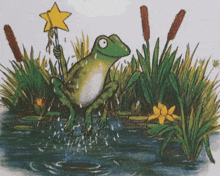 a frog holding a star in a pond