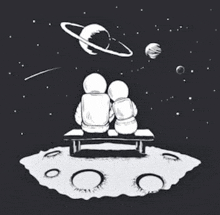 two people are sitting on a bench on the moon looking at planets and stars .