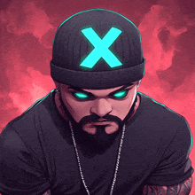 a man with a beard is wearing a black hat with a blue x on it