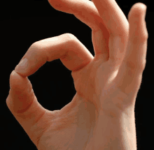 a close up of a hand making an ok sign on a black background