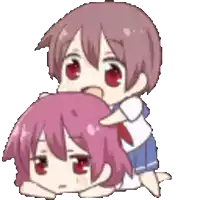 a boy is piggybacking a girl with pink hair on the floor .