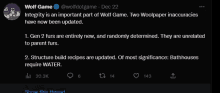 a tweet from wolf game says integrity is an important part of wolf game two woolpaper inaccuracies have now been updated