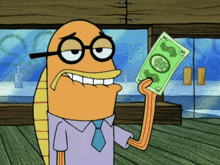 a cartoon character is holding a dollar bill