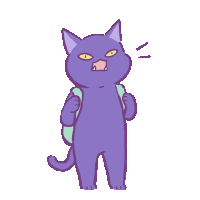 a cartoon drawing of a purple cat carrying a green backpack