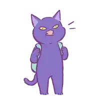 a cartoon drawing of a purple cat carrying a green backpack