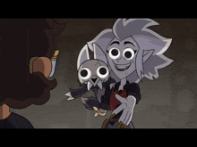 a cartoon character is holding a small owl with big eyes