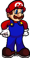 a cartoon drawing of mario wearing overalls and a red hat with a m on it