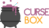 a logo for curse box shows a cauldron with purple liquid coming out of it