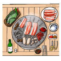 a cartoon of a plate of food with a bottle of soju in the background