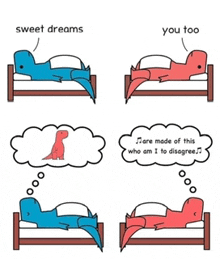 a cartoon of two dinosaurs laying in bed with the words sweet dreams you too