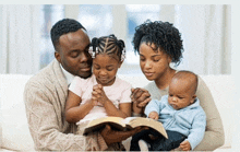 a family sits on a couch praying together