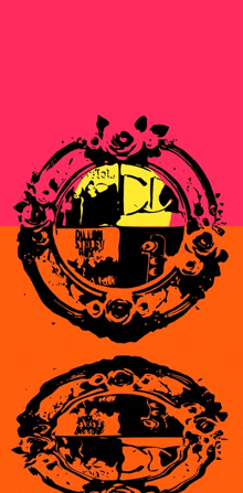 a pink and orange background with a black and yellow circle with the letter l in it