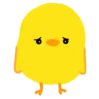 a yellow cartoon chicken with a sad look on its face