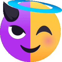 a purple and orange smiley face with a blue halo