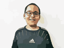 a young boy wearing glasses and a black adidas shirt