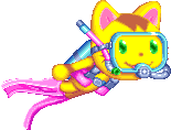 a pixel art of a cat wearing a diving mask and goggles .