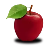 a red apple with a green leaf on the stem