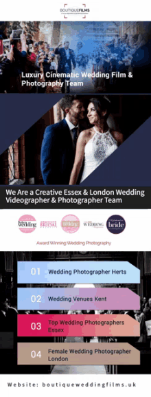 a brochure for boutique wedding films showing a bride and groom