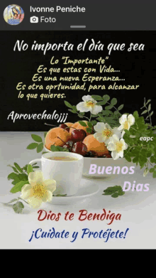 a picture of a cup of coffee with fruit and flowers and a message in spanish