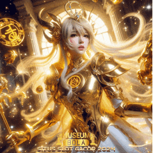 a poster of a woman in a golden armor with the words museum bola situs slot gacor 2024