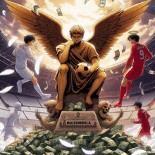 a statue of an angel holding a soccer ball sits on top of a pile of money with soccer players in the background