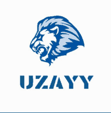 a logo for uzayy with a blue lion head