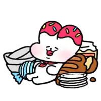 a cartoon cat with a donut on his head is laying on a pile of plates and bowls .