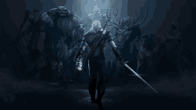 a man holding a sword stands in front of monsters