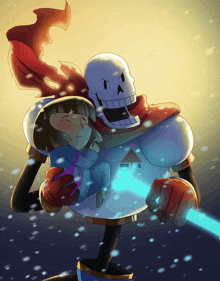 a cartoon drawing of papyrus holding a child in his arms