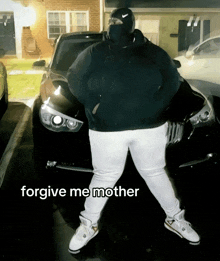 a person standing in front of a car with the words forgive me mother written on the bottom