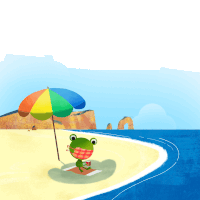 a frog sitting under an umbrella on a beach