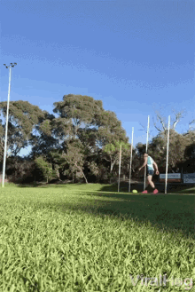 a man is kicking a soccer ball in a field with trees in the background and the words viralhog on the bottom