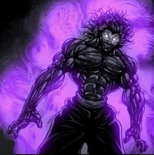 a drawing of a man with a purple background and glowing eyes