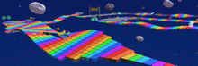 a computer generated image of a rainbow colored track with rocks in the background