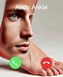 a phone call with a man 's face and a foot on the screen