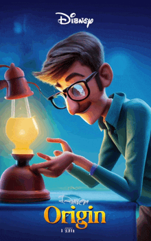 a poster for disney 's origin shows a man holding a lamp