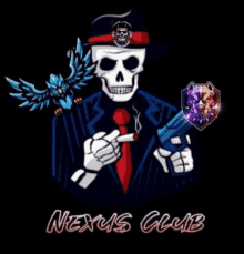 a nexus club logo with a skull holding a gun and a bird behind him