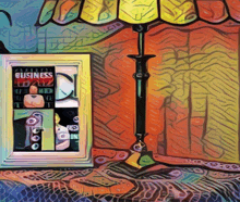 a colorful painting of a lamp and a window that says business