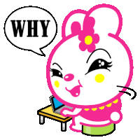 a cartoon bunny is sitting at a desk with a laptop and a speech bubble that says " why "