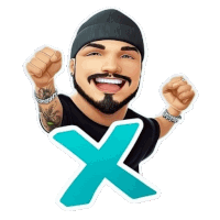 a cartoon of a man with a beard and a blue letter x