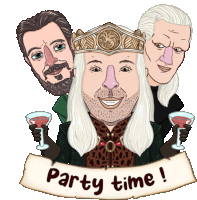 a cartoon of three men holding wine glasses and a sign that says party time on it