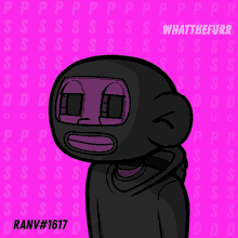 a drawing of a person with a mask on a pink background that says what the furr