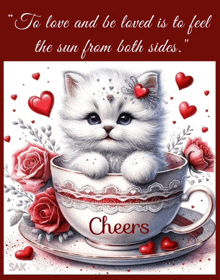 a picture of a kitten in a cup with roses and hearts and a quote that says cheers