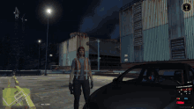 a woman in a safety vest stands next to a car in a video game