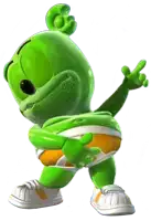 a green gummy bear wearing orange and white shorts