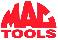 a red logo for mac tools is against a white background